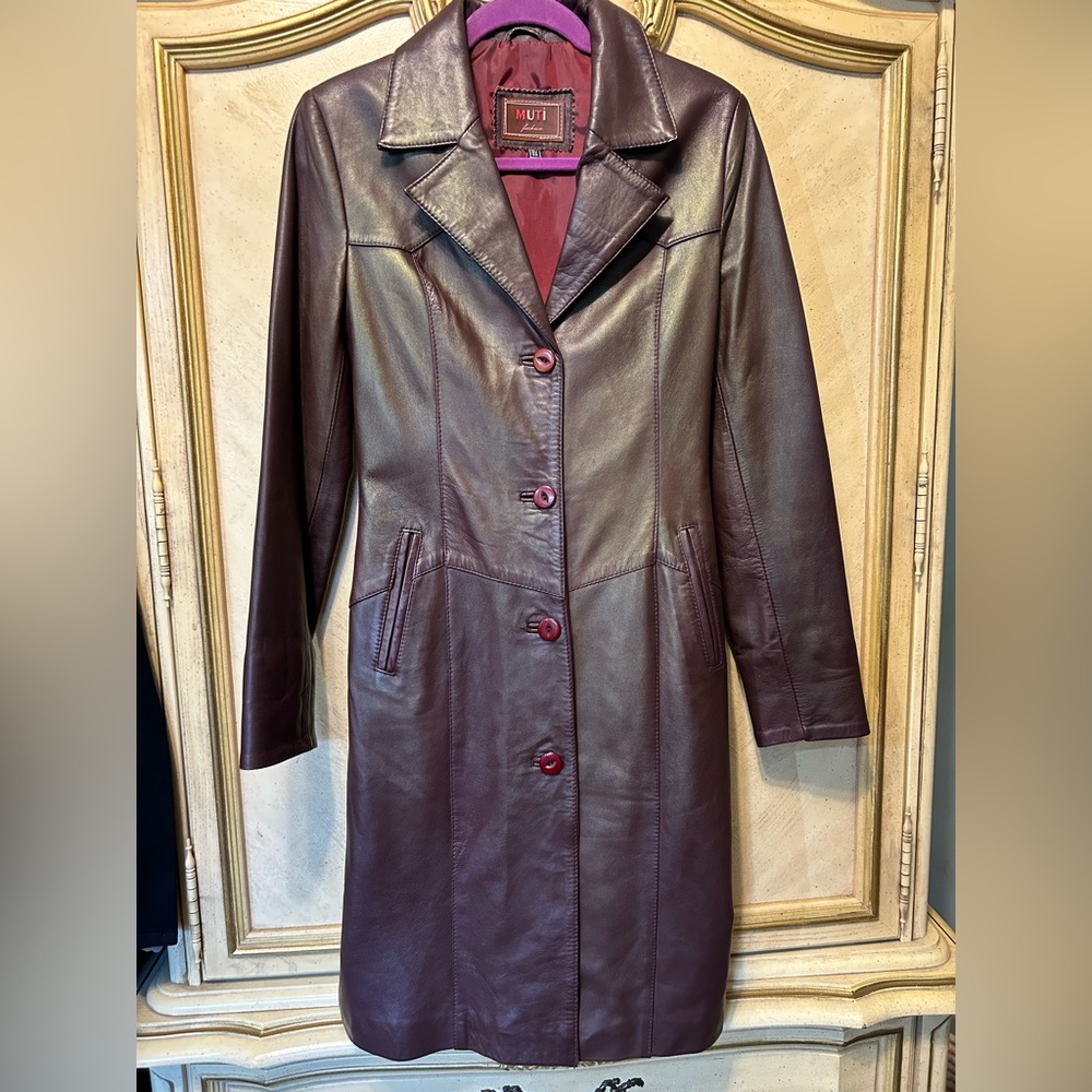 MUTI Dark Plum Purple Long Leather Jacket